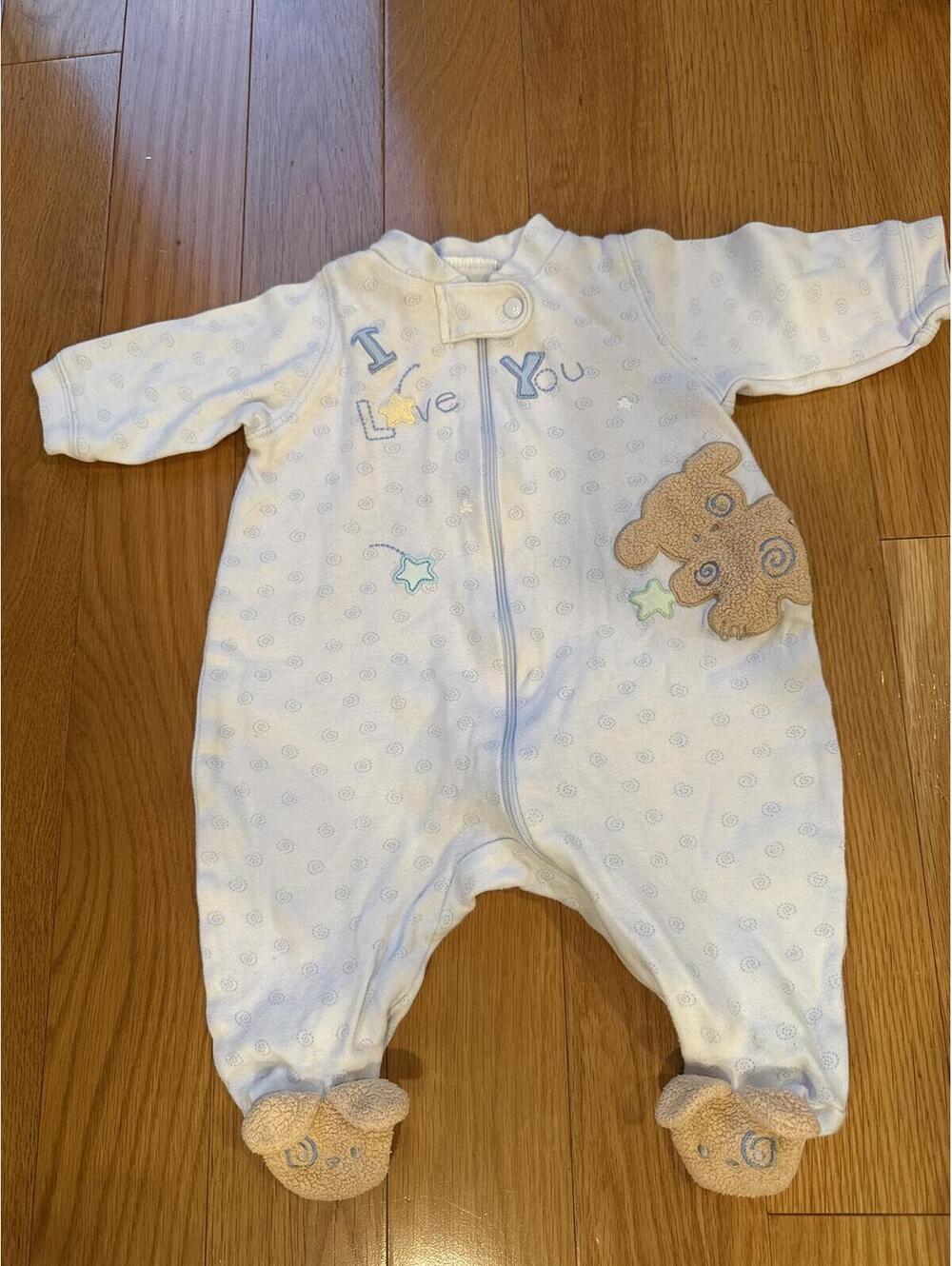 Just Born 3-6 Months Light Blue Cream Footed Baby Sleeper with Teddy Bear Appliq